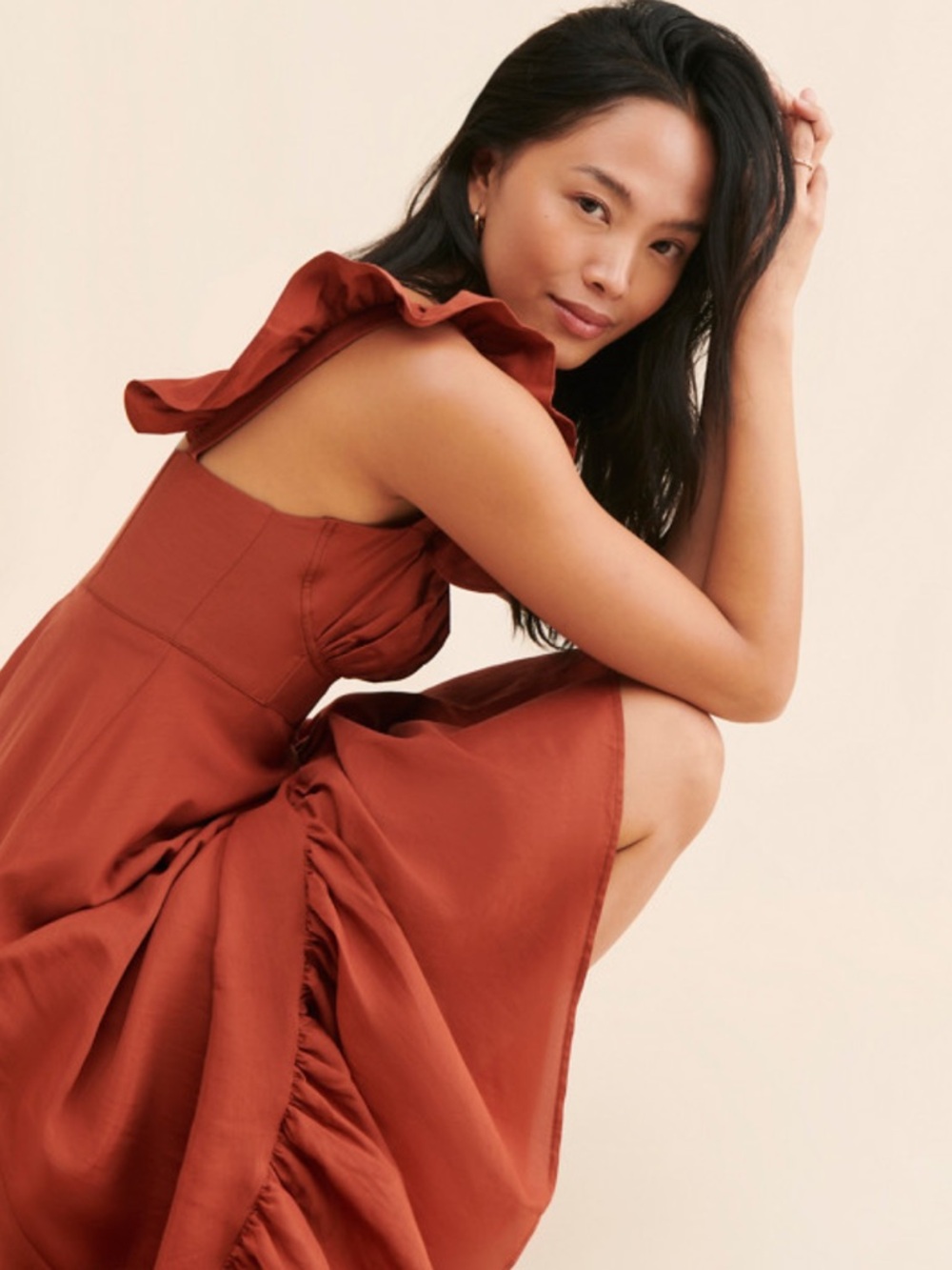 Farm Rio Ruffle-Sleeve Rust Midi Dress - Picture 5 of 14